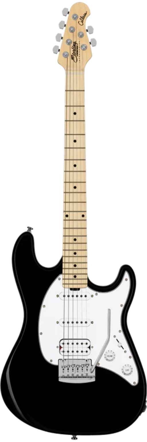 Electric guitar with a black body and white pickguard on a white background