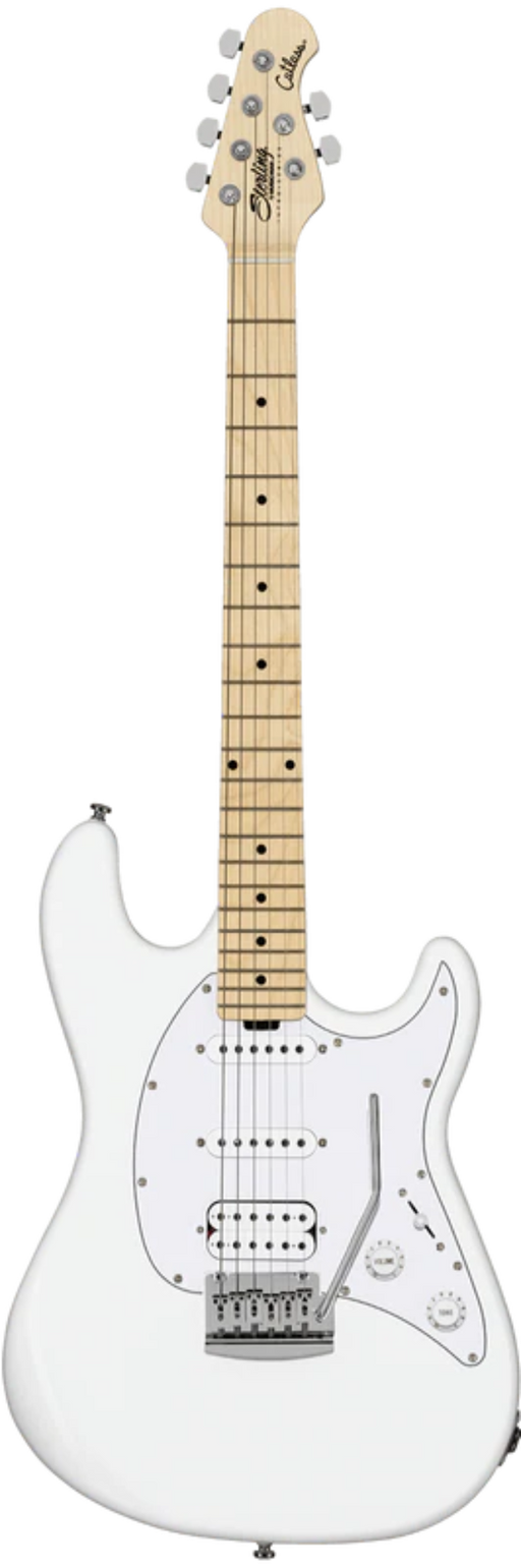 White electric guitar with a maple neck on a white background