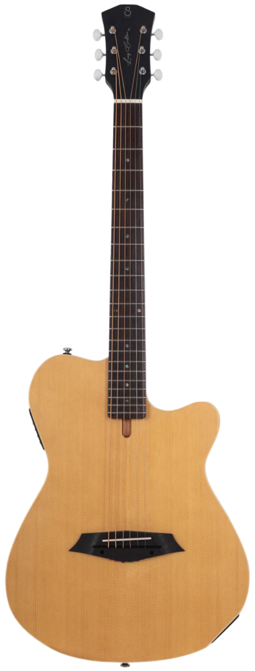 Acoustic guitar with a natural wood finish on a white background