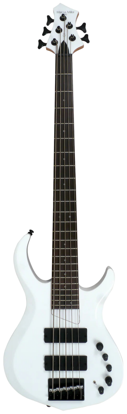 White bass guitar with black details on a white background