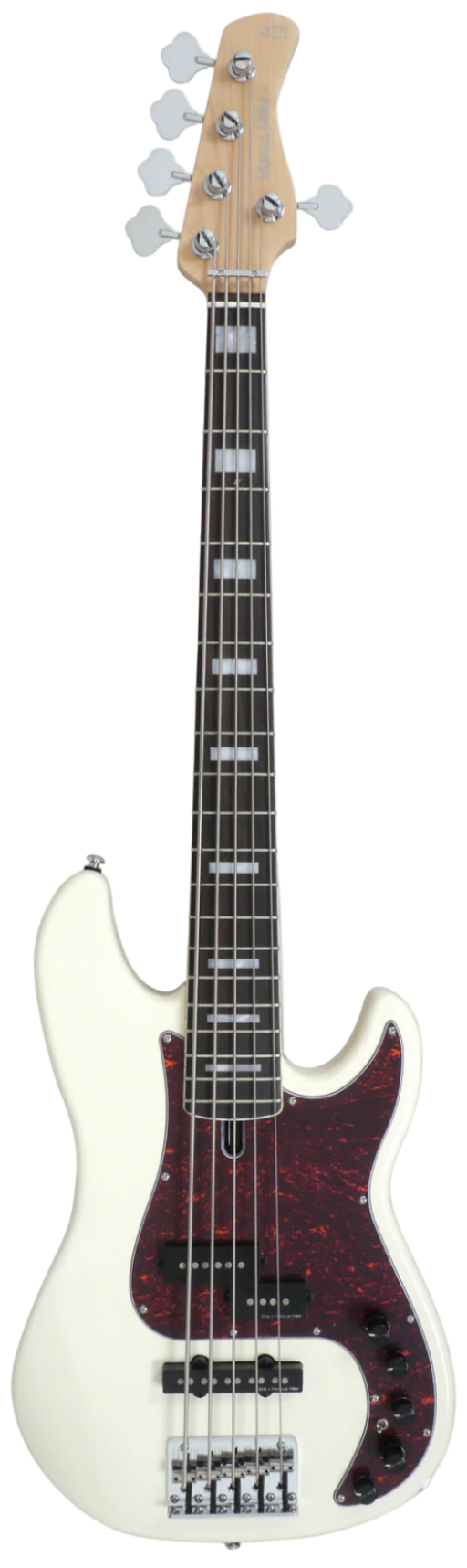 Electric bass guitar with a white body and red pickguard on a white background