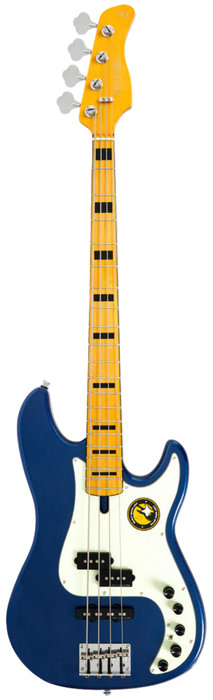 Blue electric bass guitar with a white pickguard on a white background