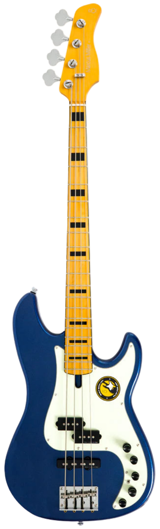 Blue electric bass guitar with a white pickguard on a white background