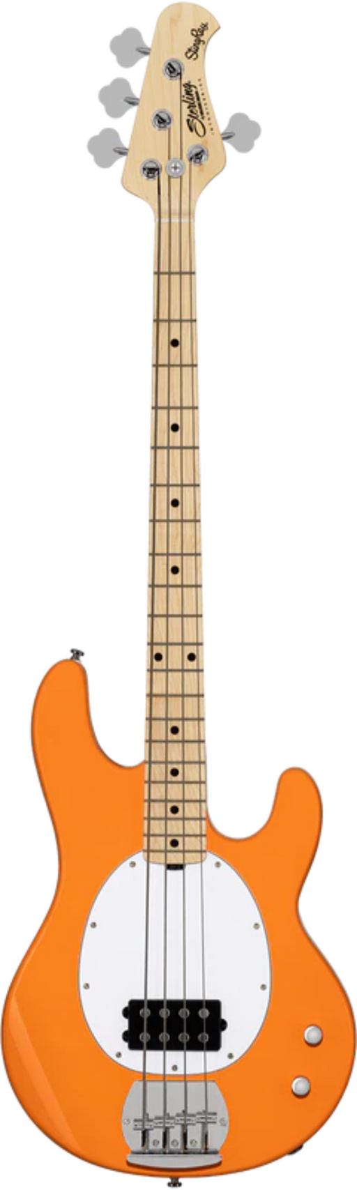 Orange bass guitar with a white pickguard on a white background