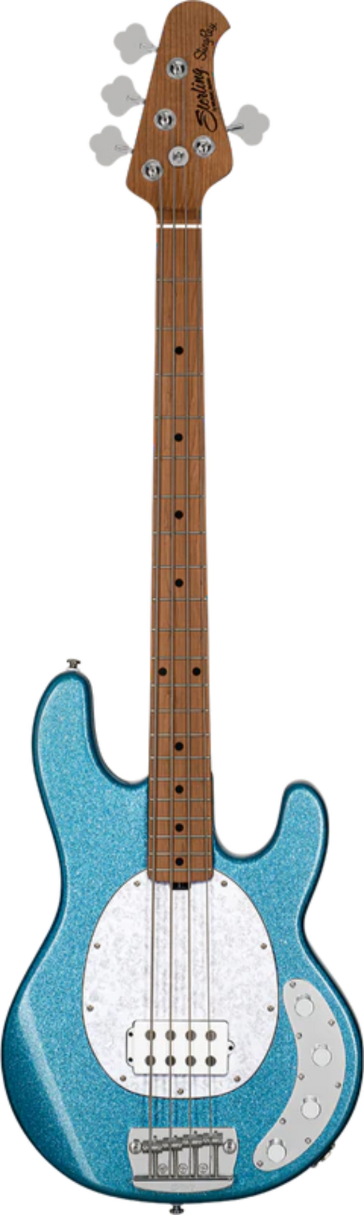 Blue glitter electric bass guitar on a white background