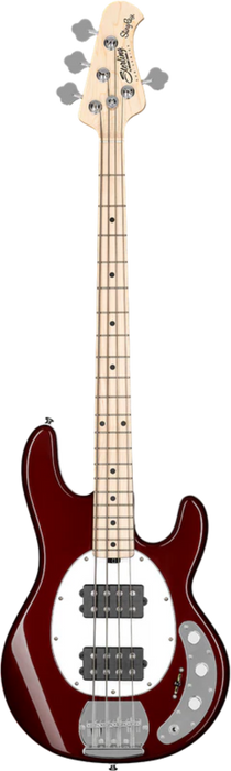 A Sterling by Music Man StingRay RAY4HH Bass guitar in Candy Apple Red with a maple fingerboard and dual humbucker pickups.