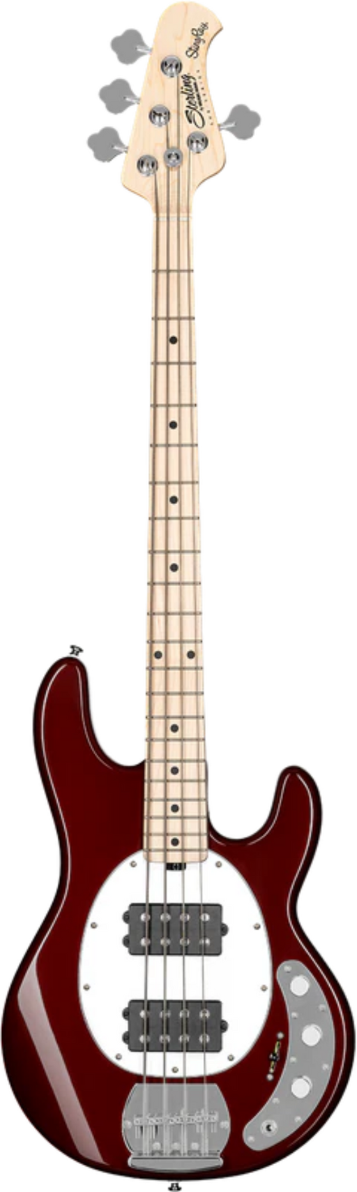A Sterling by Music Man StingRay RAY4HH Bass guitar in Candy Apple Red with a maple fingerboard and dual humbucker pickups.