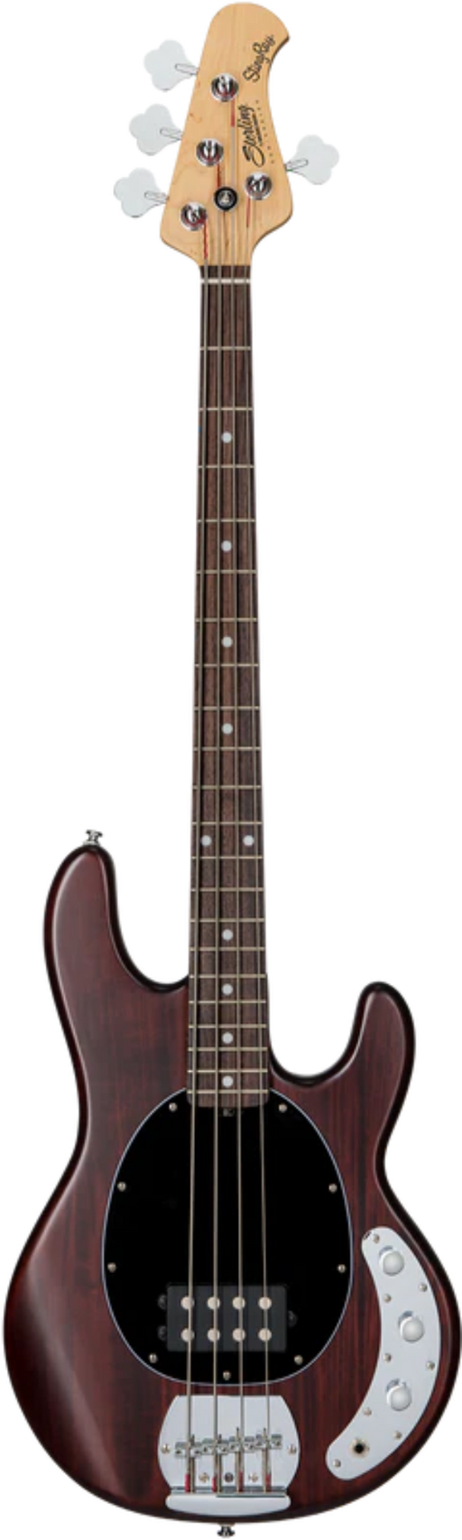 Electric bass guitar with a dark brown body and light wood neck on a white background