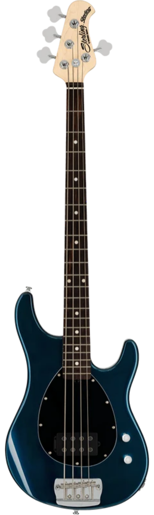 Blue electric bass guitar on a white background