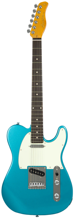 Blue electric guitar with a white pickguard on a light gray background