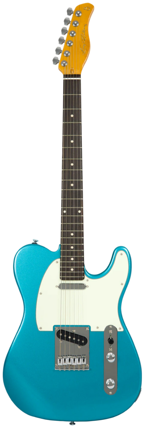 Blue electric guitar with a white pickguard on a light gray background