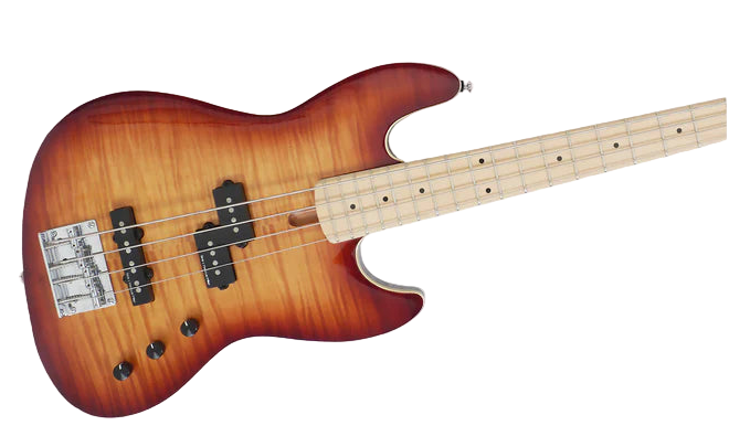 Electric bass guitar with a sunburst finish on a white background
