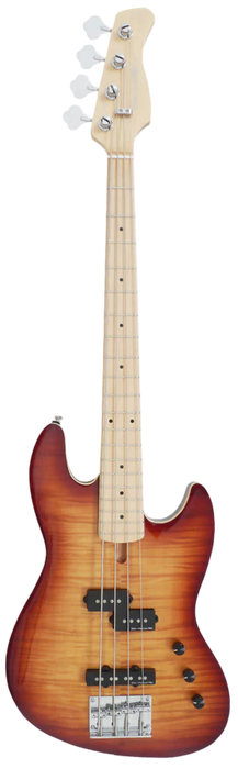 Electric bass guitar with sunburst finish on a white background