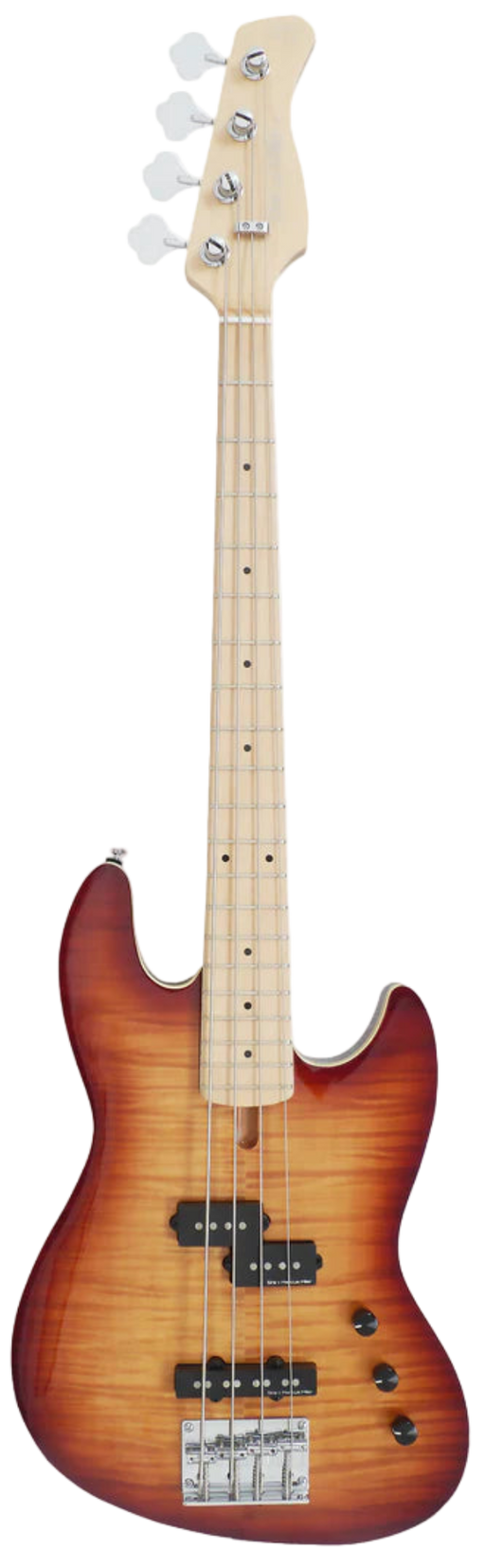 Electric bass guitar with sunburst finish on a white background