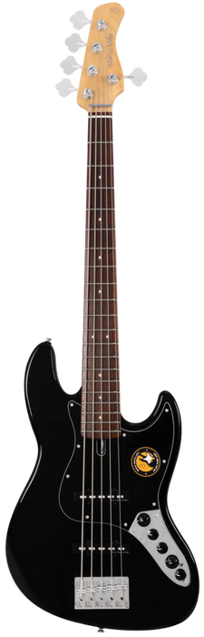 Black electric bass guitar with a white background