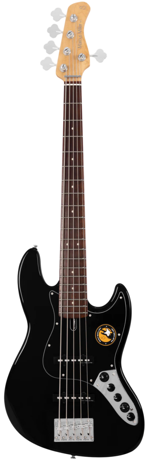 Black electric bass guitar with a white background