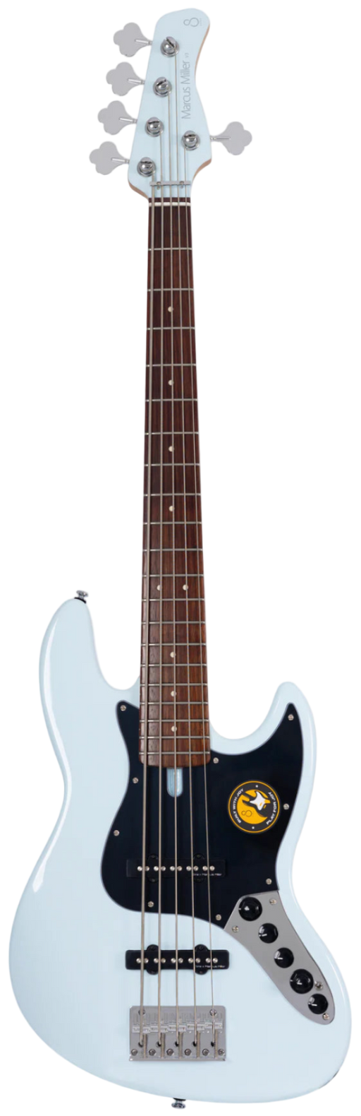 Electric bass guitar with a white body and black pickguard on a white background