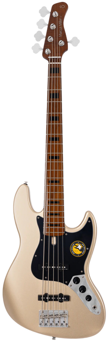 Electric bass guitar with a black pickguard on a white background