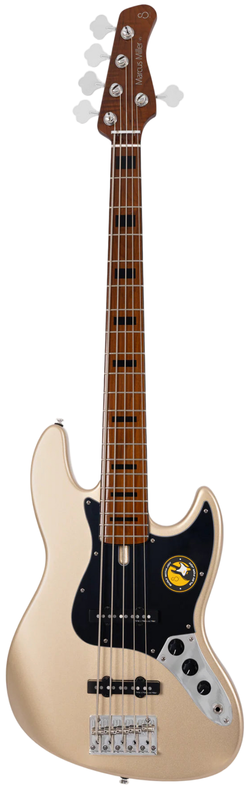 Electric bass guitar with a black pickguard on a white background
