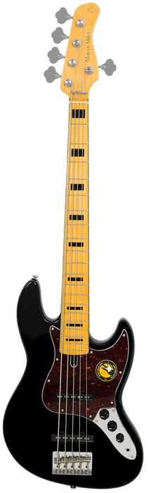 Black electric bass guitar with a white pickguard on a white background