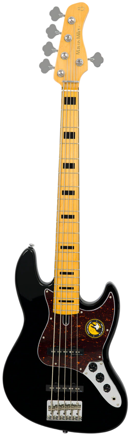 Black electric bass guitar with a white pickguard on a white background