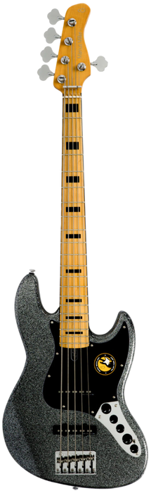 Electric bass guitar with a black glitter finish on a white background