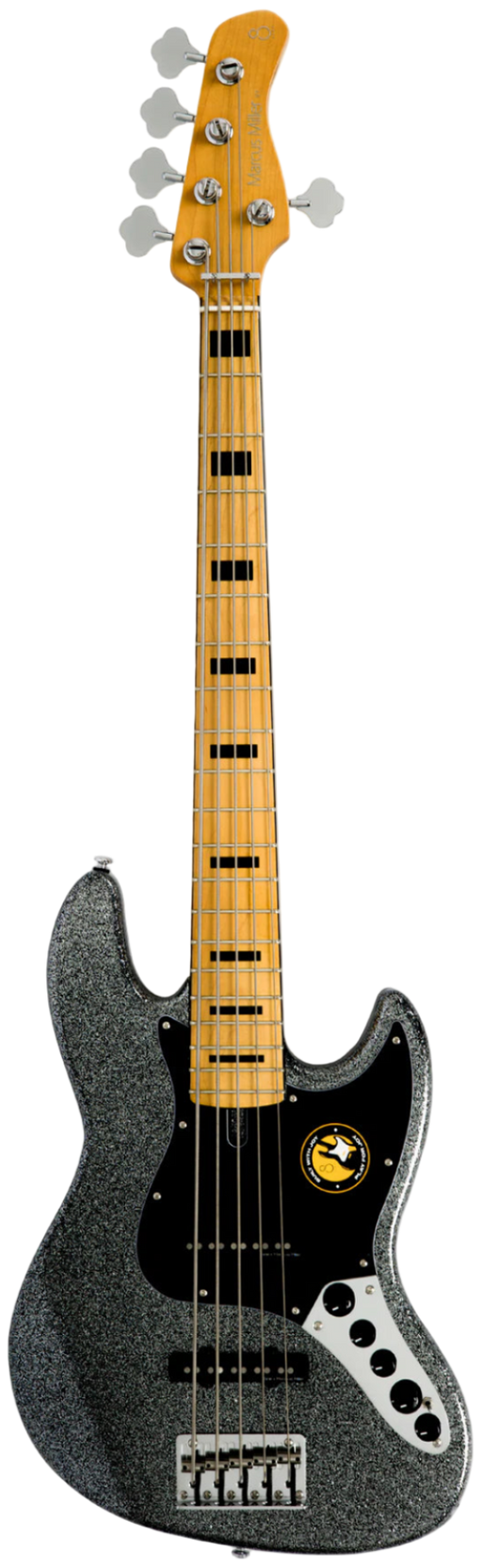 Electric bass guitar with a black glitter finish on a white background