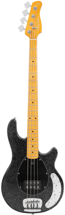 Electric guitar with black glitter finish and white pickguard on a white background