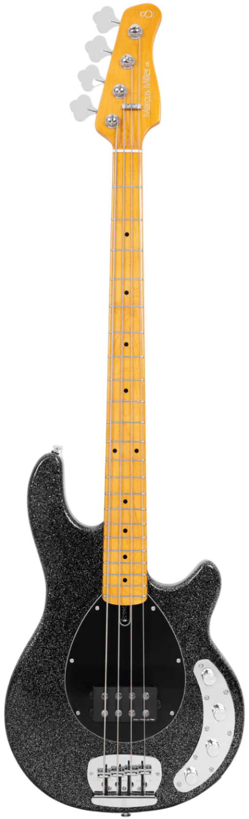 Electric guitar with black glitter finish and white pickguard on a white background