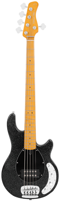 Black electric bass guitar with a white pickguard on a white background