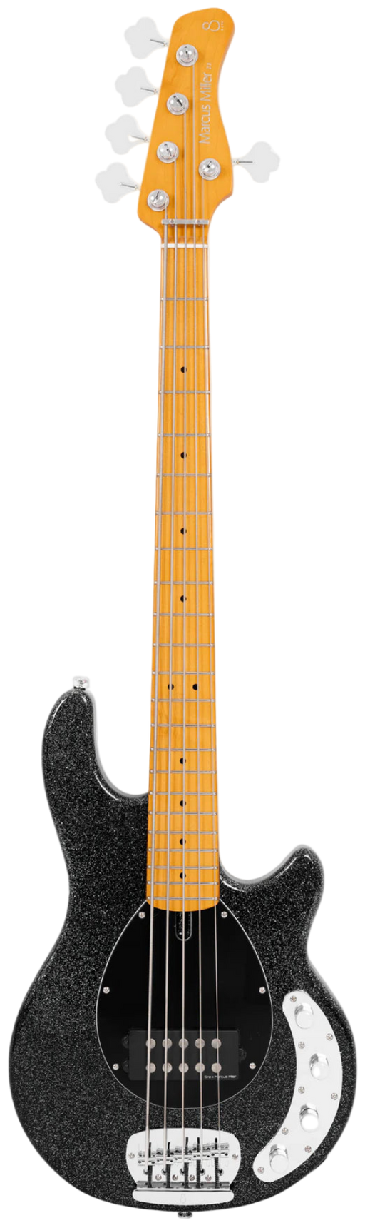 Black electric bass guitar with a white pickguard on a white background