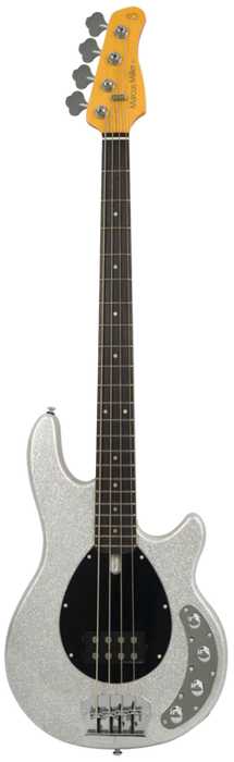 Electric bass guitar with a silver body and yellow pickguard on a white background