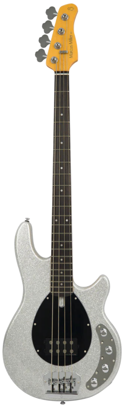 Electric bass guitar with a silver body and yellow pickguard on a white background