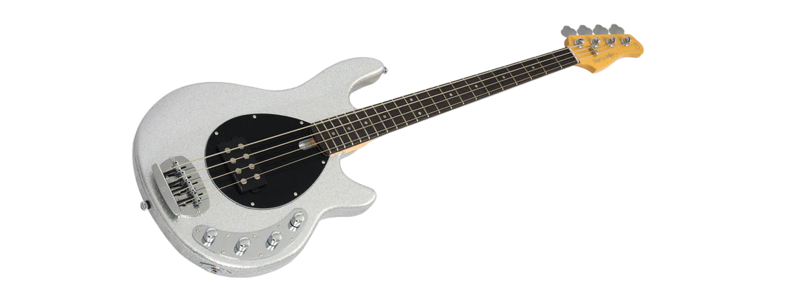 White bass guitar with a black pickguard on a white background