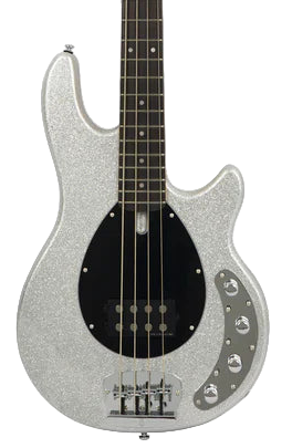 Silver glitter electric bass guitar on a white background