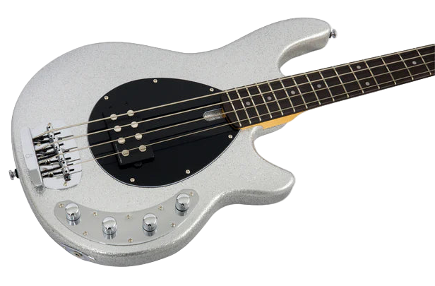 Silver electric bass guitar on a white background