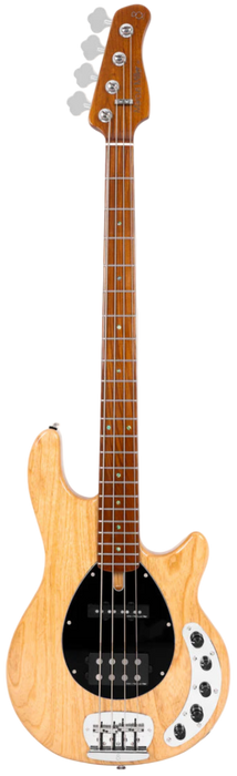 Electric bass guitar with a wooden body on a white background