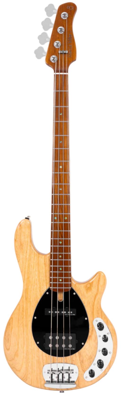 Electric bass guitar with a wooden body on a white background