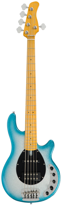 Blue electric bass guitar on a white background