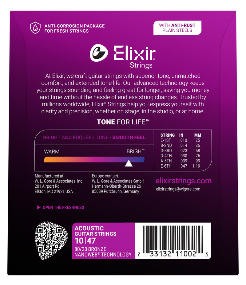 Elixir Nanoweb 80/20 Acoustic Guitar Strings - .010-.047