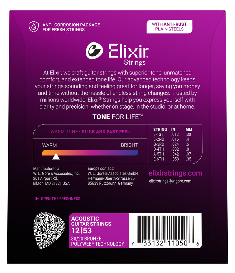 Elixir Polyweb 80/20 Acoustic Guitar Strings - .012-.053