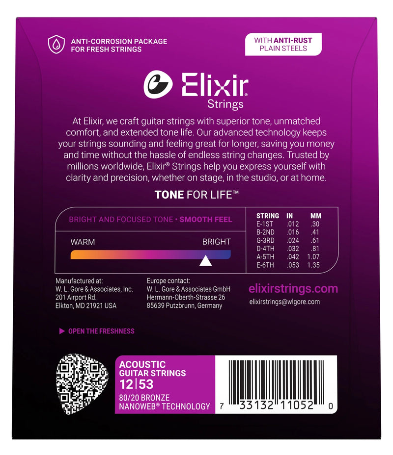 Elixir Nanoweb 80/20 Acoustic Guitar Strings - .012-.053