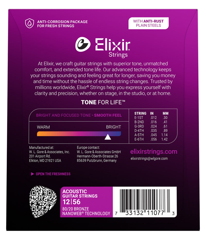 Elixir Nanoweb 80/20 Acoustic Guitar Strings - .012-.056
