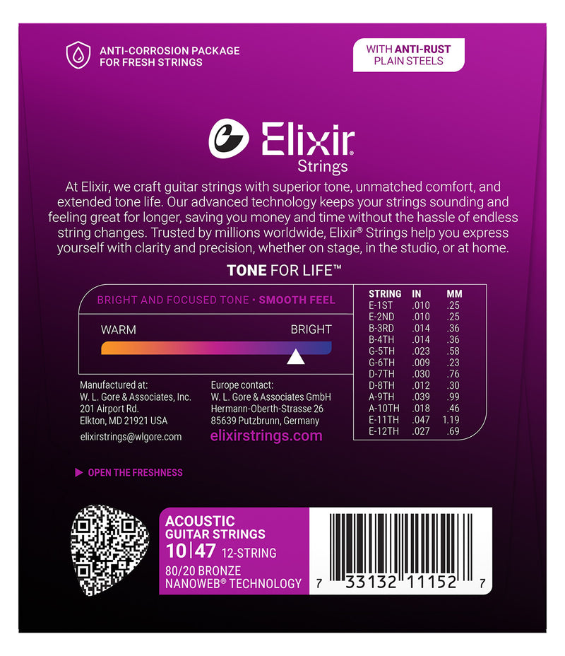 Elixir Nanoweb 80/20 12-String Acoustic Guitar Strings - .010-.047