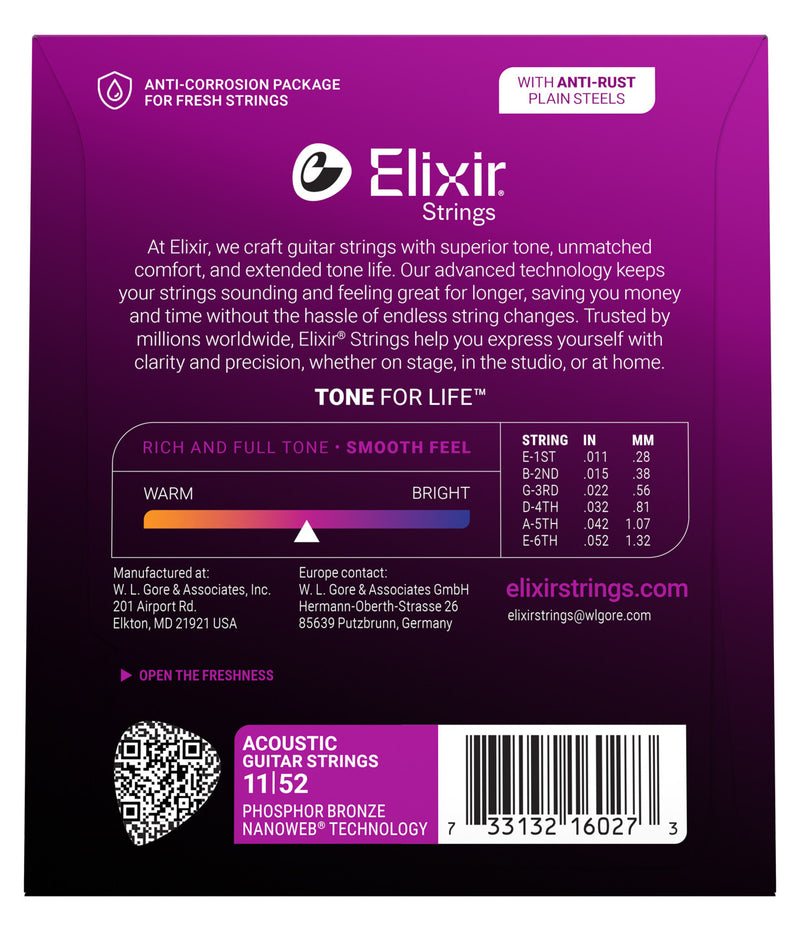 Elixir Nanoweb Phosphor Bronze Acoustic Guitar Strings - .011-.052