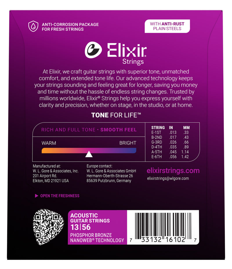 Elixir Nanoweb Phosphor Bronze Acoustic Guitar Strings - .013-.056