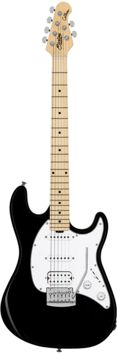 Electric guitar with a black body and white pickguard on a white background