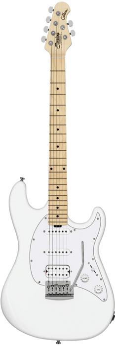 White electric guitar with a maple neck on a white background