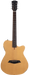 Acoustic guitar with a natural wood finish on a white background