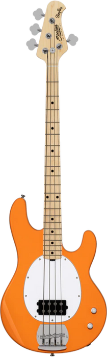 Orange bass guitar with a white pickguard on a white background